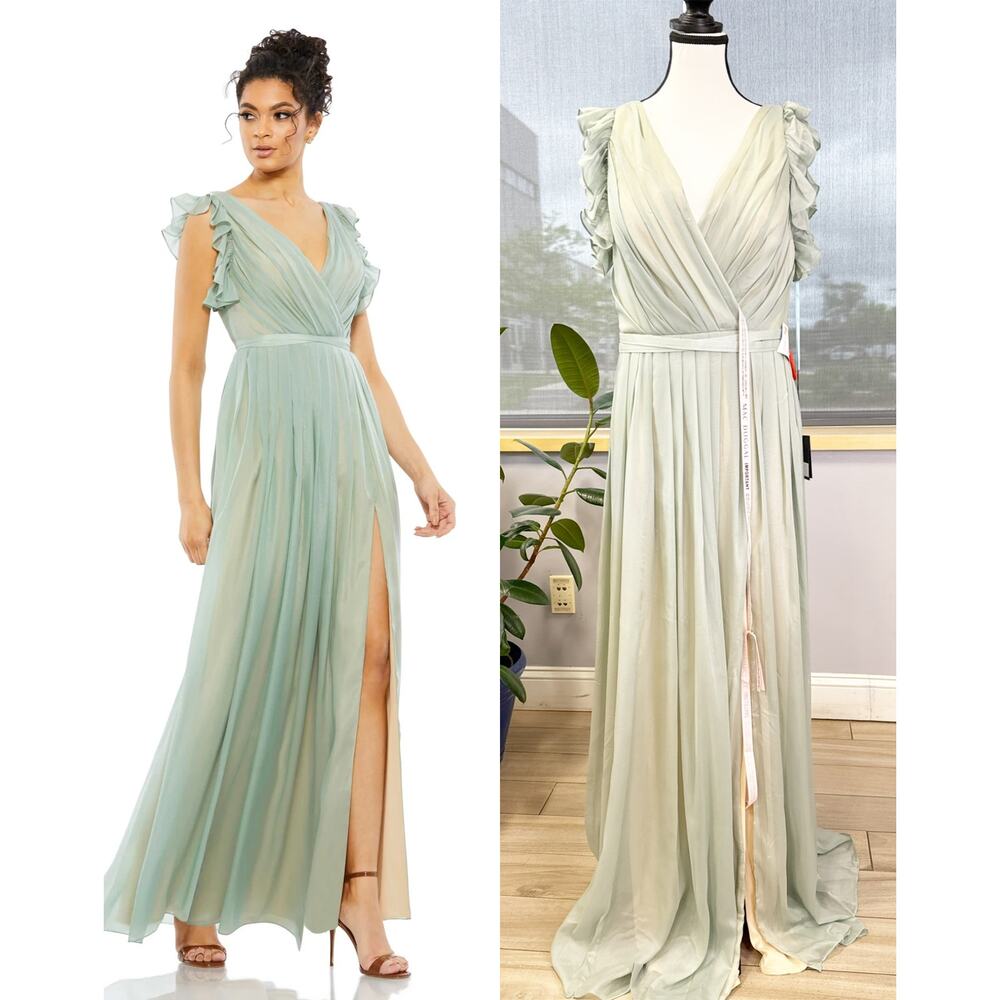 Mac Duggal Green and Cream Mini Gown with Flutter Sleeves